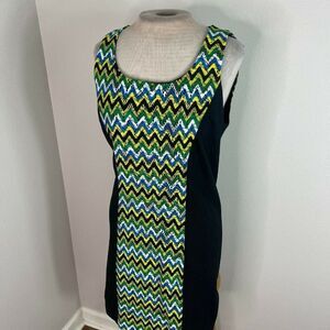 Kensie Chevron Stripe Color Block Sheath Mini Dress Green Blue Black M Medium